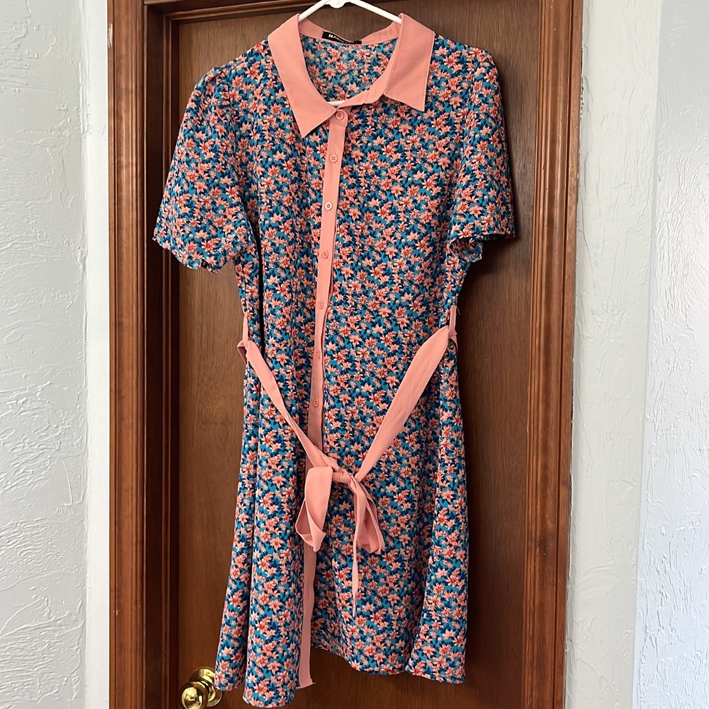 Allegra K Vintage-Style Pink and Blue Floral Dress-Size L